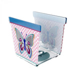 Vasetto JOY in acrilico decorato con farfalla, mostrato lateralmente e vuoto per evidenziare struttura e dettagli.