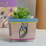 Vasetto JOY in acrilico con illustrazione di gufo multicolore e piantina succulenta verde, fotografato su ripiano moderno.