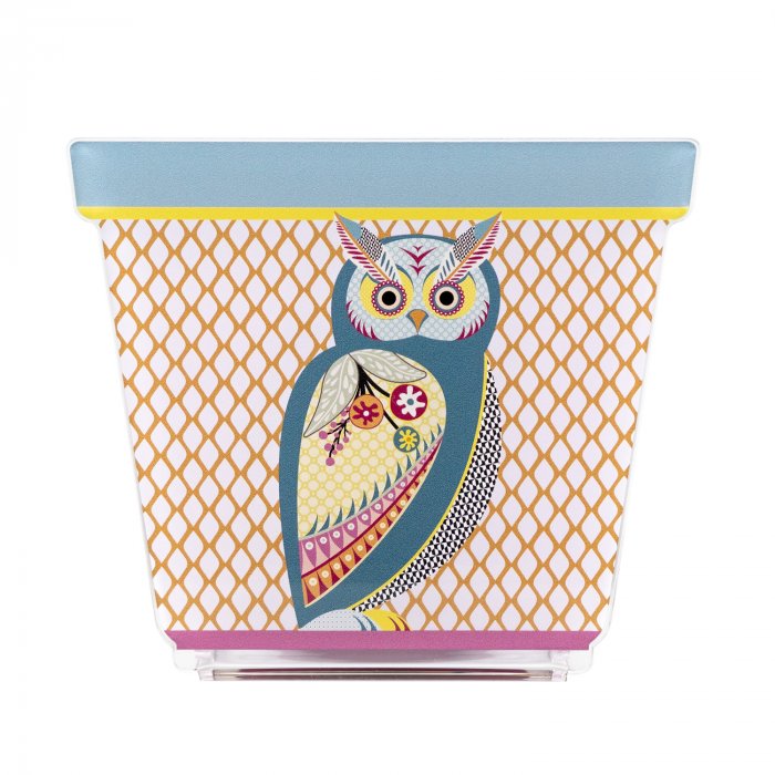 Vasetto JOY in acrilico con decorazione gufo  colorato su sfondo bianco e giallo, visto frontalmente.