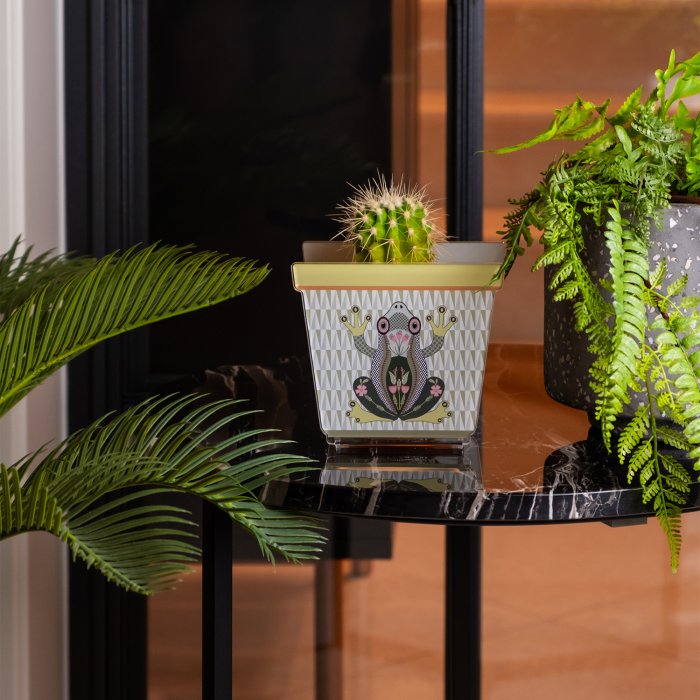 Vasetto JOY con decorazione a rana, esposto su tavolino accanto a piante verdi in un ambiente moderno.