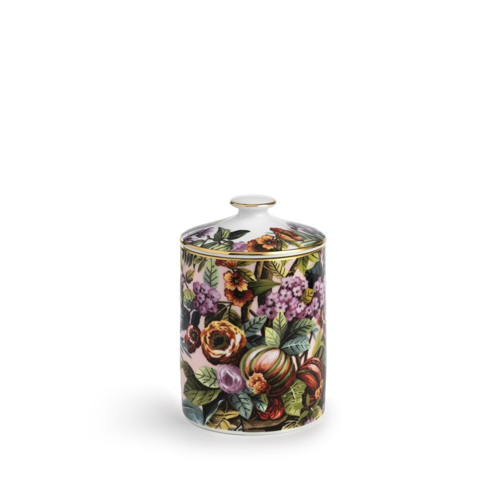 Contenitore con coperchio Jungle Rose in porcellana con decori botanici trop




