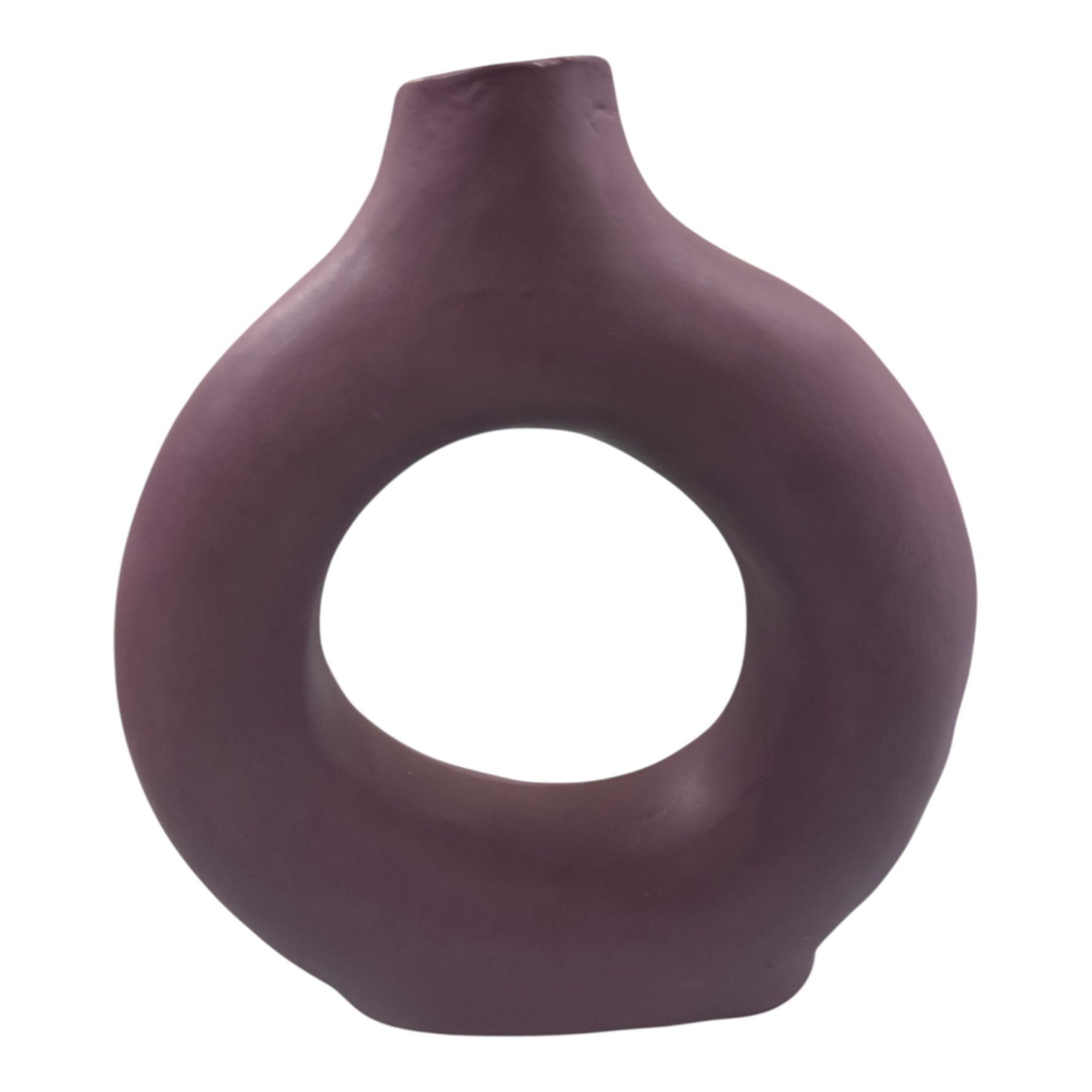 Vaso decorativo color lavanda in ceramica con foro centrale fotografato su sfondo neutro.