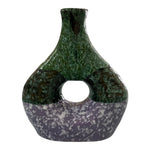 Vaso Bicolore in ceramica artigianale con finitura verde e viola, forma moderna con foro centrale.