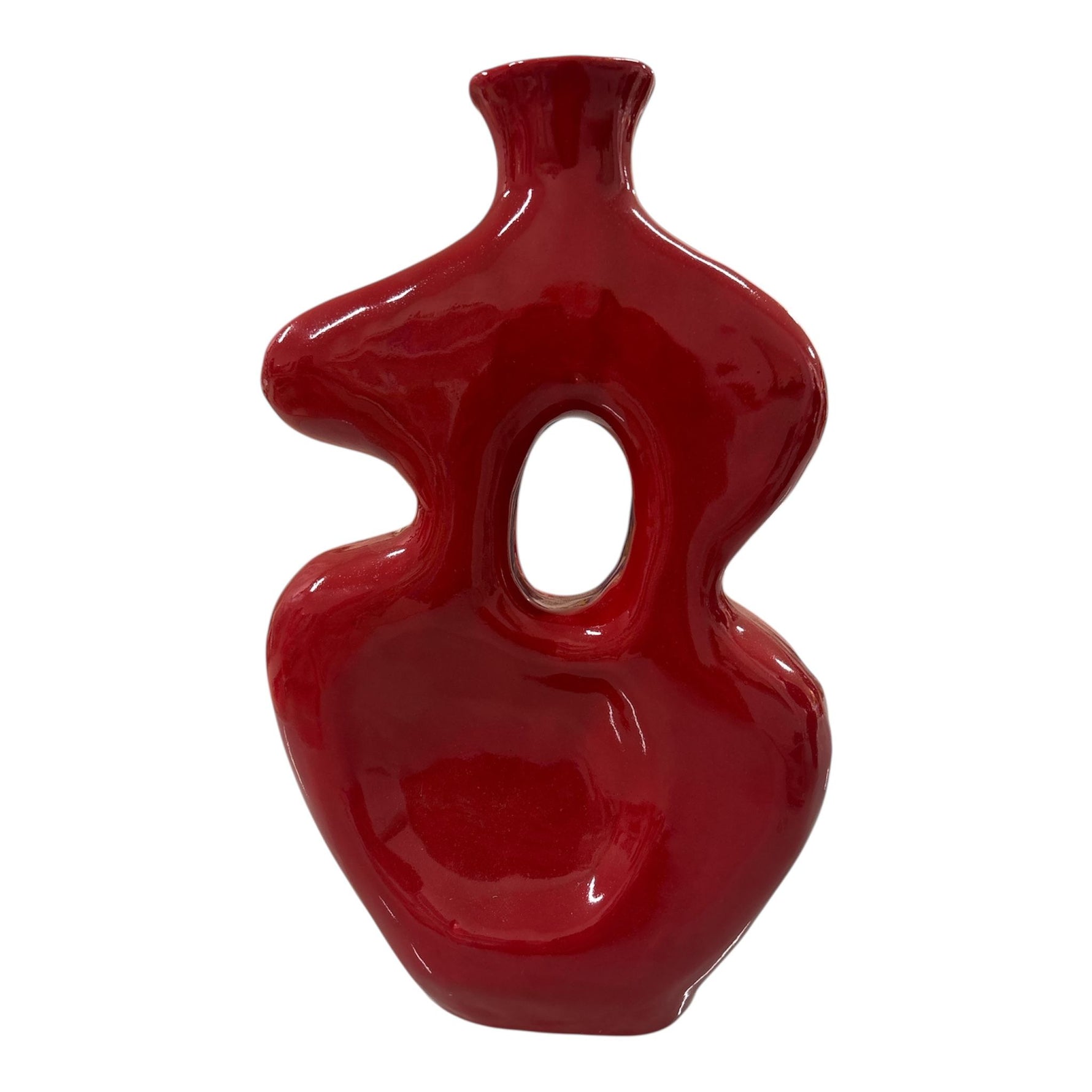 Vaso in ceramica rosso lucido forma organica con foro centrale