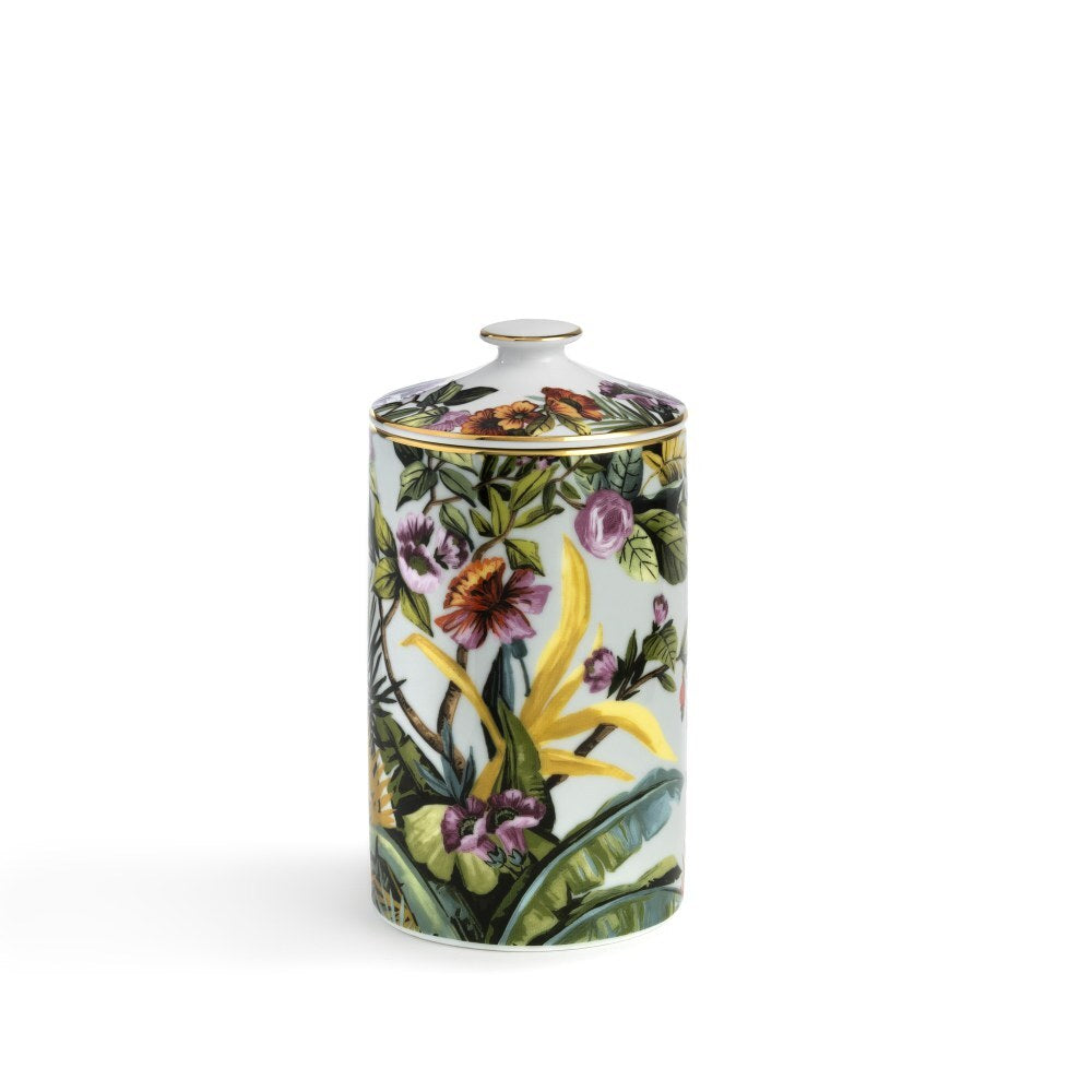 Contenitore décor Jungle Sky in porcellana con motivi tropicali e dettagli oro