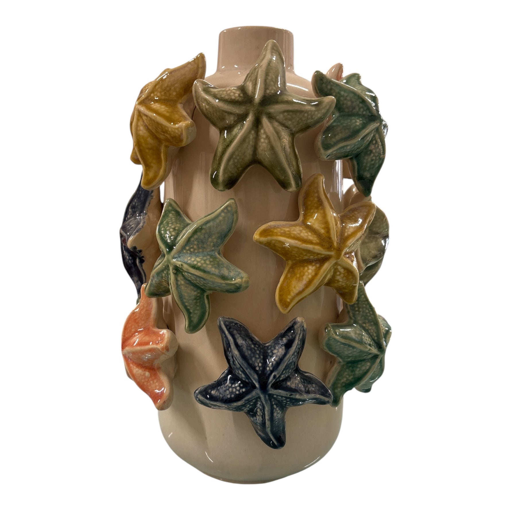 vaso cilindrico decorativo con stelle marine colorate in ceramica effetto tridimensionale