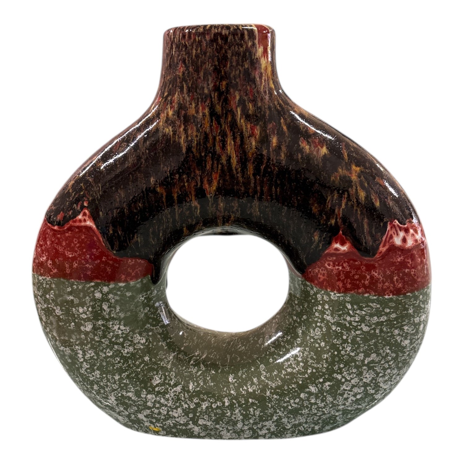 Vaso artigianale multicolore in ceramica con foro centrale, effetto smaltato.