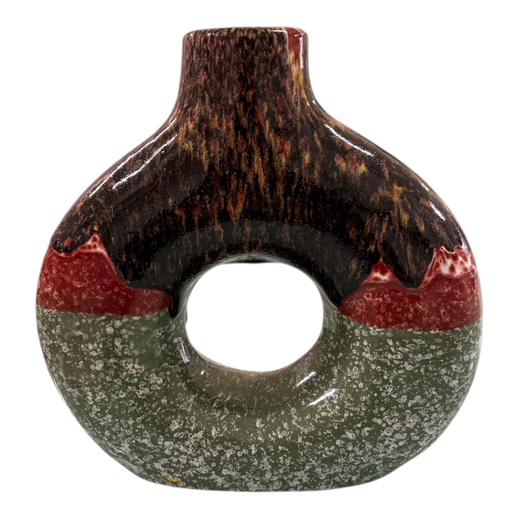 Vaso artigianale multicolore in ceramica con foro centrale, effetto smaltato.