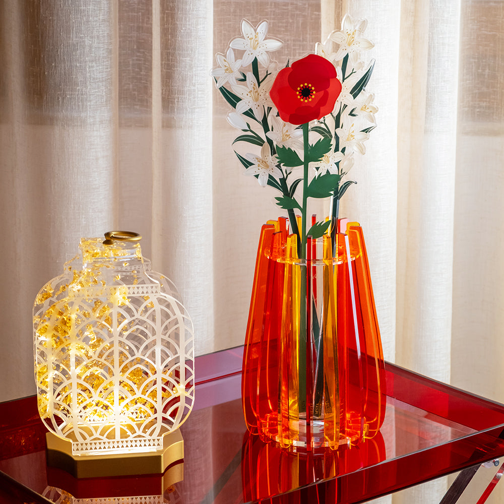 vaso iride arancio vesta home con fiori decorazione tavolino luce calda