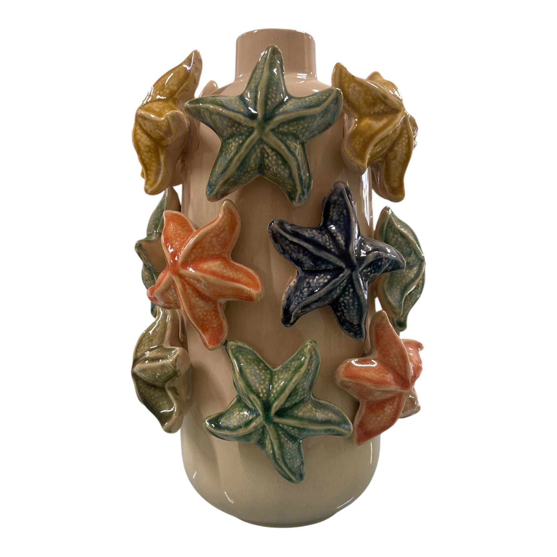 vaso alto in ceramica con stelle marine multicolor in rilievo design mediterraneo