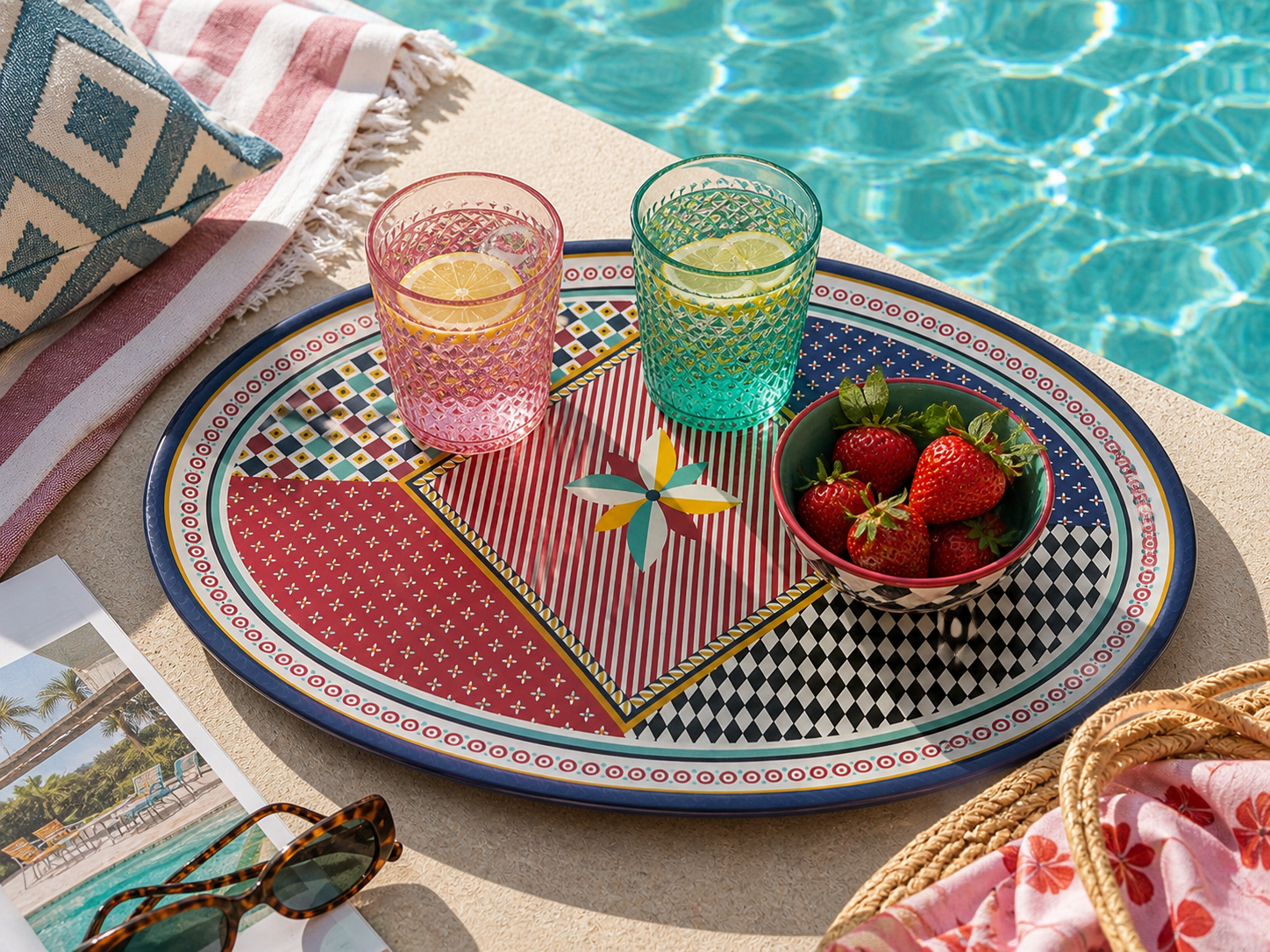 Vassoio ovale Foulard Vesta in melamina con design geometrico multicolor, utilizzato a bordo piscina per servire drink e frutta in ambiente estivo