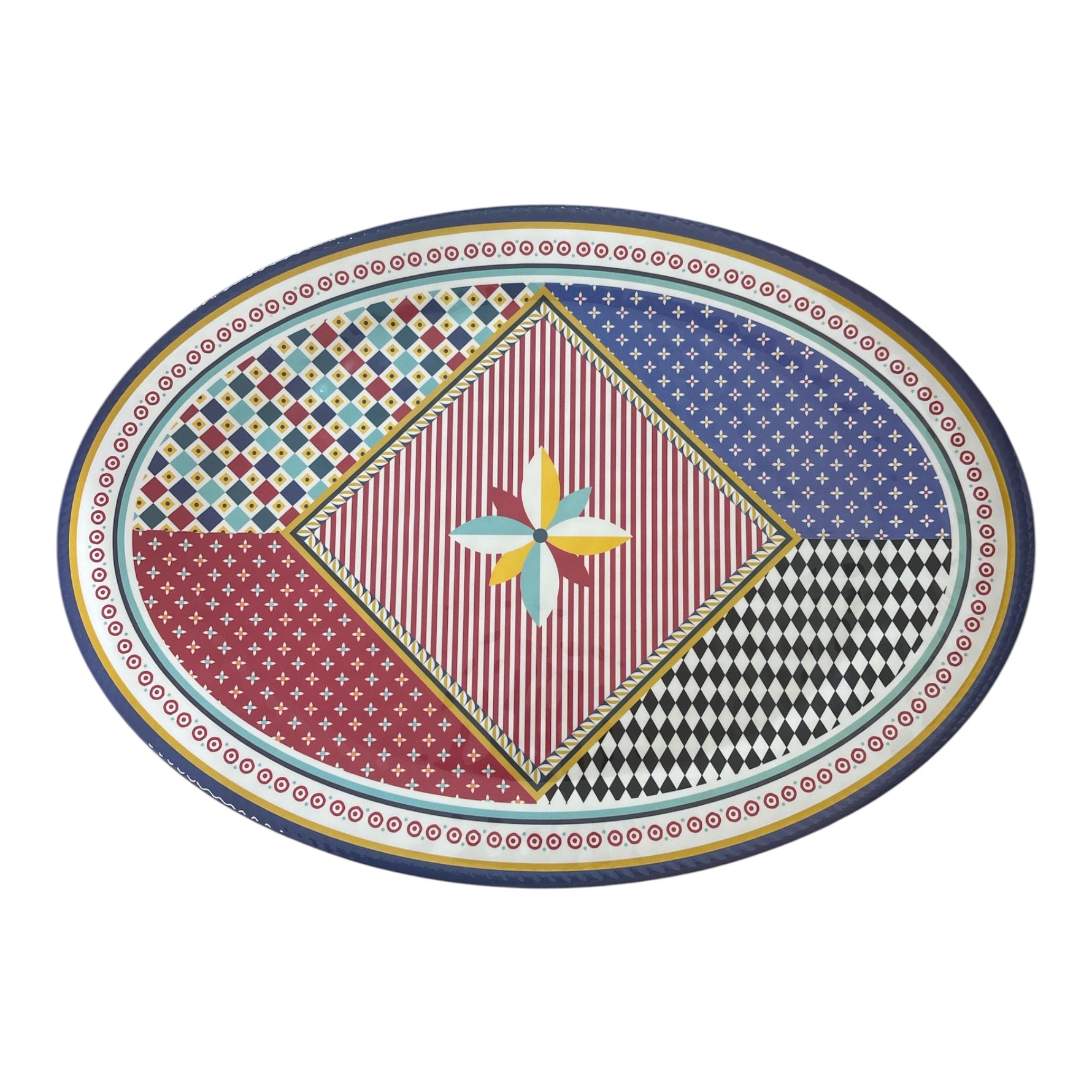 Vassoio ovale Foulard Vesta in melamina con design geometrico multicolor ispirato ai foulard, elegante e resistente per servire e decorare