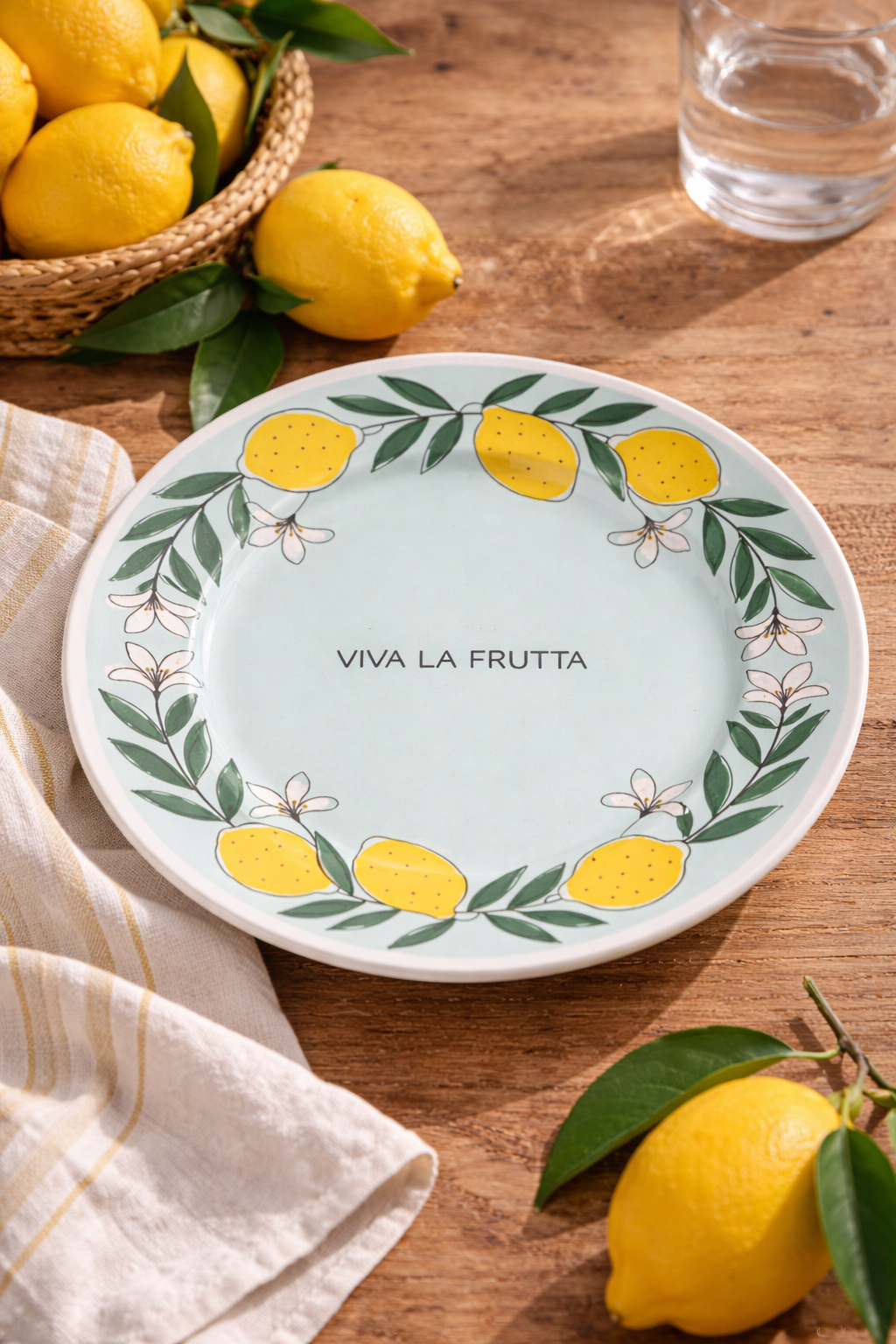 piatto Viva la Frutta limoni diametro 21 cm ambientato su tavolo in legno con limoni freschi e tovaglietta mediterranea