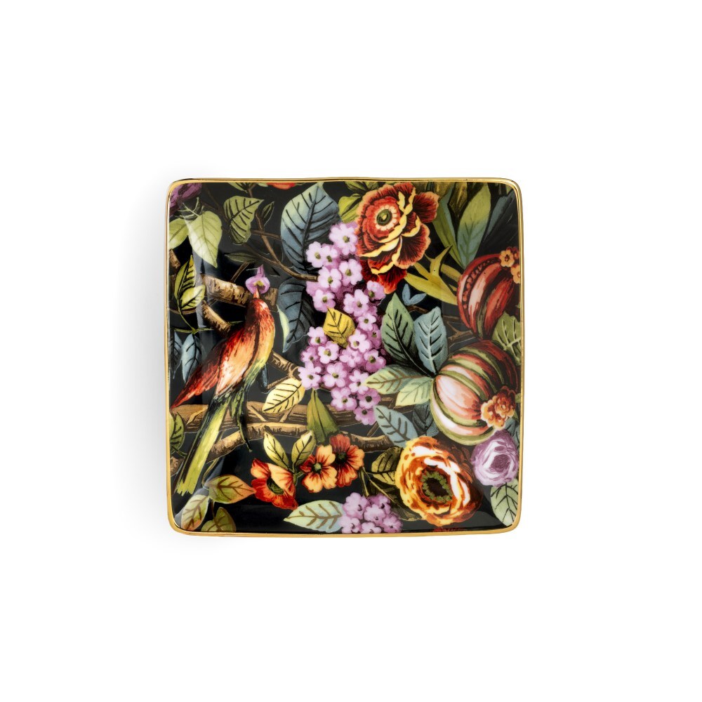 Svuotatasche quadrato Exotic Jungle Black Simone Guidarelli in porcellana con bordo oro